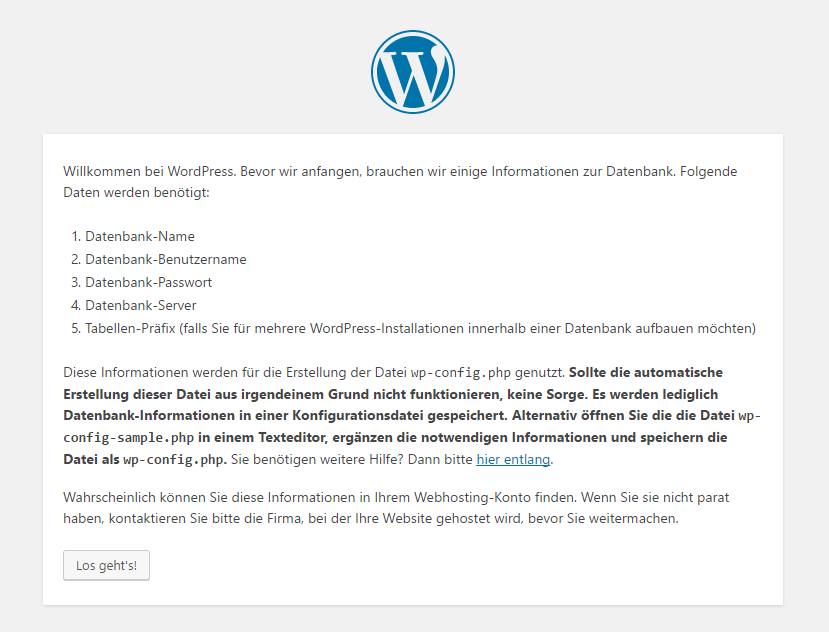 Startbildschirm der Wordpress-Installation